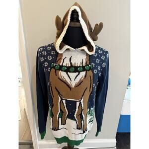 Ugly Christmas Sweater Women's L Reindeer Hooded Antlers
